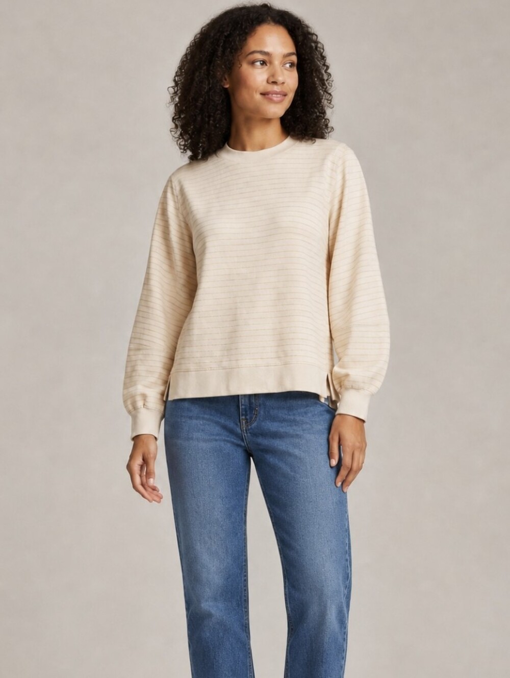 GANNI Organic Cotton Puff Sleeve Metallic Stripe Sweatshirt Brazilian Sand Small